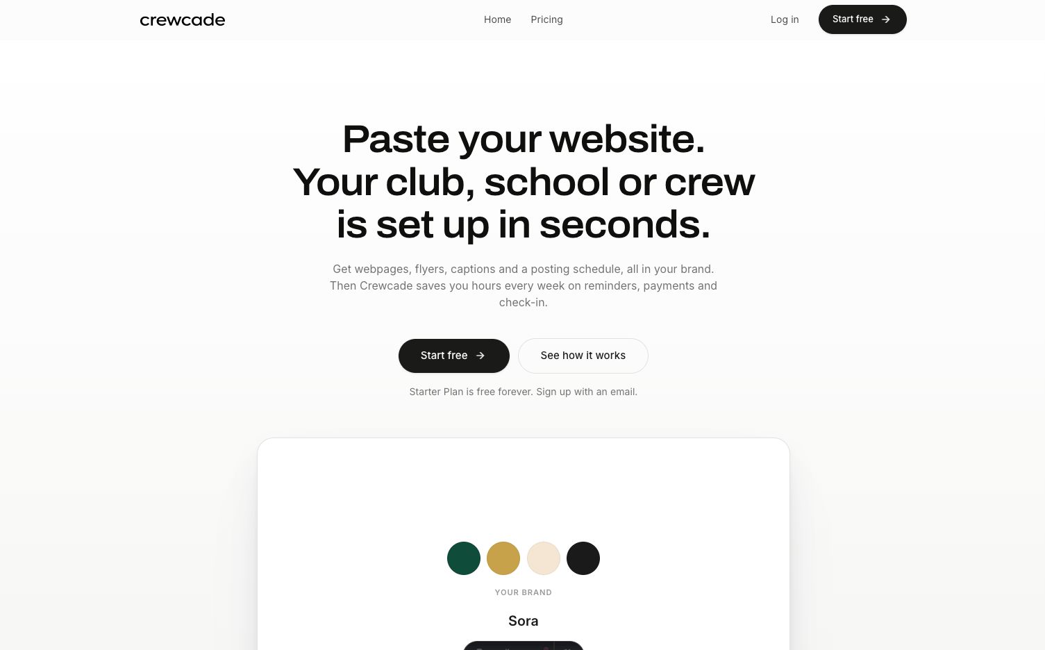 The Crewcade home page, headlined “Paste your website. Your club, school or crew is set up in seconds.”