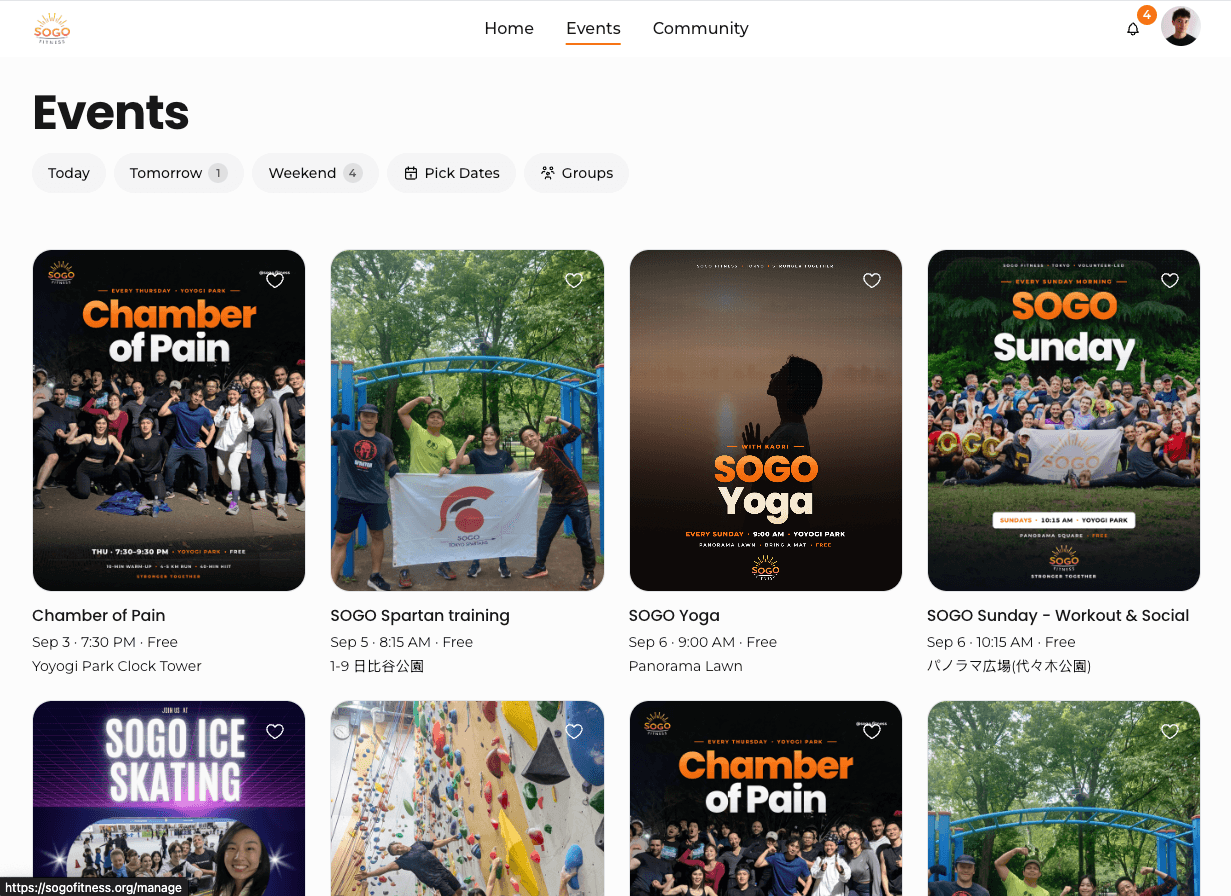 The events page of the same workspace, listing upcoming sessions with dates, prices and locations.