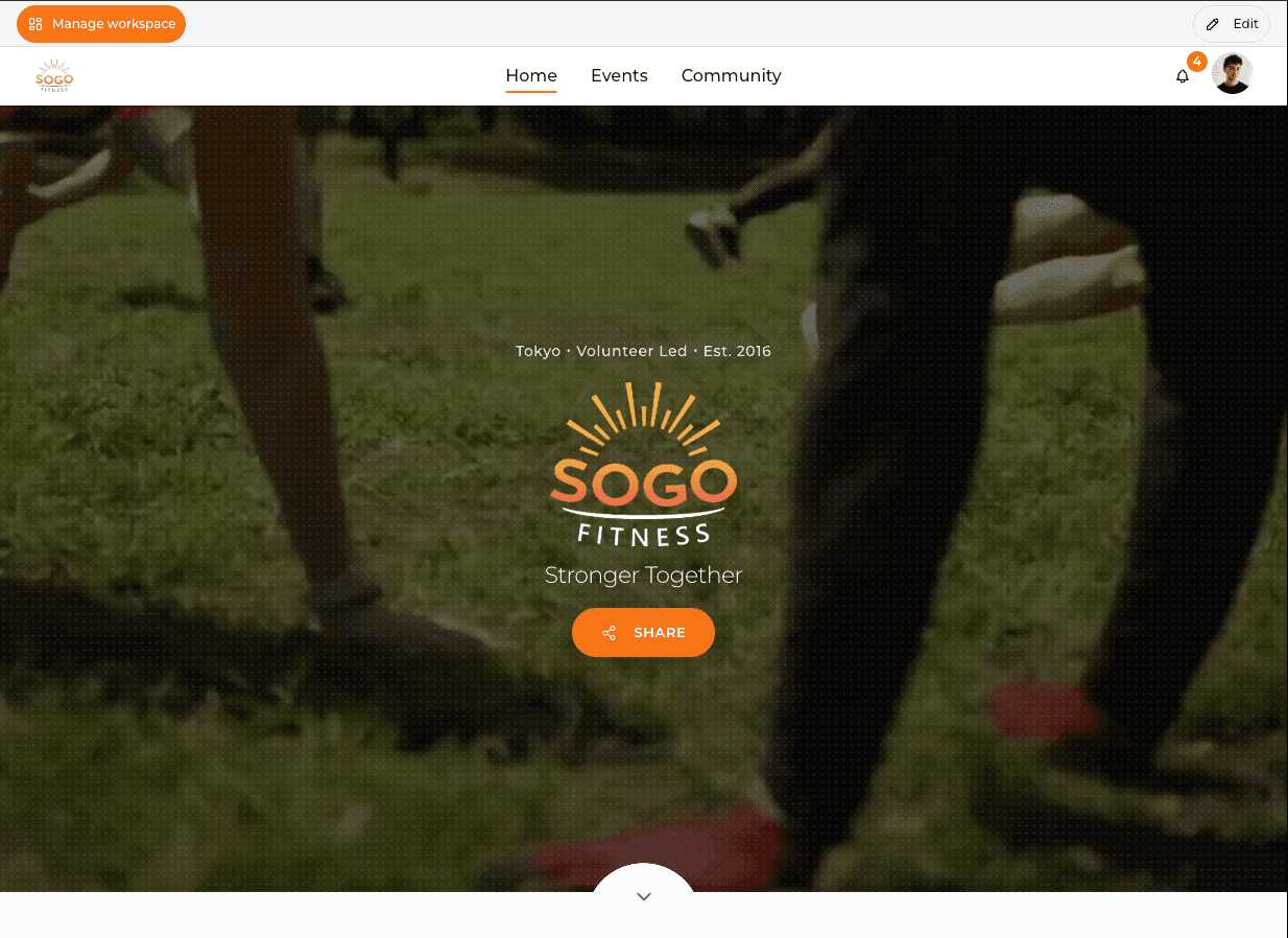 A Crewcade workspace for SOGO Fitness, showing the club’s branded home page with its logo and share button.